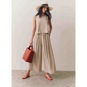 Cuyana Wide Leg 100% Silk Pants Cropped Elastic Waist Women M Medium Luxury Sand